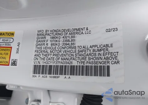 2023 Honda Accord Ex z USA, uszkodzony, nr VIN 1HGCY1F37PA009426